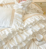 White Pink Princess Wedding Bedding Set 100% Cotton Double Layer Lace Ruffles Duvet Cover Flat/Fitted Bed Sheet Pillowcases 4Pcs
