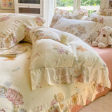 Flower Skin-friendly Bedding Set Class A Washed Cotton Duvet Cover Set Lace Ruffles Quilt Cover Soft Cover Bed Linen Pillowcases