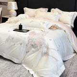 100% Egyptian Cotton Butterfly Flowers Embroidery Premium Luxury Bedding Set Duvet Cover Flat/Fitted Bed Sheet Pillowcases 4Pcs