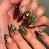 24pcs Green French Nails Sets Press on Flower Butterfly False Nails Mid-length Almond Fake Nail Leopard Print Full Cover Nail