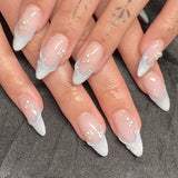 24pcs Wearable French False Nails Art Ocean Long Almond Fake Nail Tip Pearl Design Press on Nails Gradient White Full Cover Nail