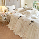 4Pcs Romantic Lace Ruffles Removable Bow Princess Wedding Bedding Sets Warm Milk Velvet Duvet Cover Bed Sheet Set Pillowcases