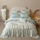 French Princess Bedding Set 4PCS Luxury All Cotton Lace Duvet Cover Set with Quilted Bedspread, Elegant Bedding Queen King Size