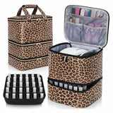 3-Layers Nail Polish Organizer Bag Leopard Print Large Capacity Essential Oil Bag with Handle Detachable Nail Lamp Case