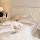 Pink Romantic Lace Princess Wedding Bedding Set Lyocell Bamboo Fiber Soft Silky Duvet Cover Flat/Fitted Bed Sheet Pillowcases