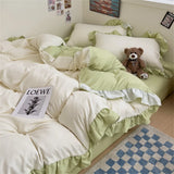 Princess Style Bedding Set Soft Solid Color Ruffle Duvet Cover Set Comforter Pillowcase Bed Sheet Washed Cotton Four Pieces Set
