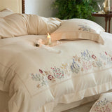 Natural Cotton Linen Vintage French Flowers Embroidery Luxury Bedding Set Duvet Cover Flat/Fitted Bed Sheet Pillowcases 4Pcs