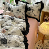 New French Lace Wash Quilt Cover Korean-style Romantic Herben-style Black Print Four-piece Set Skin Friendly Bedding Set