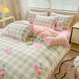 3pcs Simple Line Design Duvet Cover Set Cartoon Strawberry Print Bedding with 2 Pillowcases Skin-friendly Washable Quilt Cover