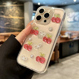 INS Cute Glitter 3D Cherry Bow Clear Phone Case For iPhone 16 15 14 13 12 11 Pro Max Pearl Shockproof Phone Case Cover