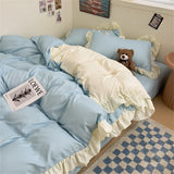 Princess Style Bedding Set Soft Solid Color Ruffle Duvet Cover Set Comforter Pillowcase Bed Sheet Washed Cotton Four Pieces Set