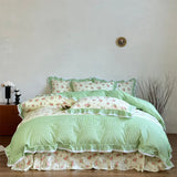 100% Cotton Korean Princess Style Rose Floral Plaid Ruffles Bedding Set Queen King Size Duvet Cover Bed Sheet Pillowcases 4Pcs