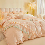 4Pcs Luxury Winter Thickened Soft Velvet Bedding Set Lace Ruffles Duvet Cover Set, Quilted Bedspread, Bed Skirt, Pillowcases