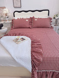 100% Cotton yarn-dyed Plaid Washed Cotton Ruffles Korean Princess Bedding Set Duvet Cover Quilted Bedspread Pillowcases 4Pcs