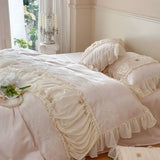 800TC Lyocell Bamboo Fiber Soft Silky Cooling Bedding Set Pink Romantic Lace Ruffles Duvet Cover Flat/Fitted Sheet Pillowcases