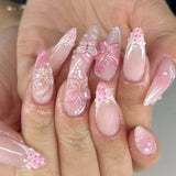 24Pcs 3D Flower Pearl Press on Nails Short Almond Acrylic False Nails Blush Pink Sweet Cool Fake Nails French Summer Nail Art