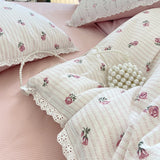 Princess Floral Bedding Set Lace Trim Rose Elegant Romantic For Women Girl Flat Fitted Sheet With Pillowcases Soft Washed Cotton