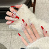 10pcs Plaid Cat's Eye Handmade Fake Nails Long Coffin Wine Red Bowknot Decor Press On Nails Removable French False Nails Ballet