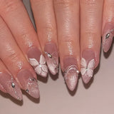 24pcs Light Pink Smudge Press on Nails Gold Leafing Nail Art Sweet 3D Floral Fake Nails Pearl Bow French False Nails Almond Nail