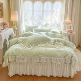 Rose Embroidery Lace Ruffles Princess Wedding Bedding Set 100% Cotton Duvet Cover Lace Edge Bed Sheet Bed Skirt Pillowcases 4Pcs