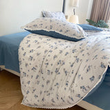Floral Bedding Set Lace Trim Simple Fresh Elegant Flat Fitted Sheet With Pillowcases Soft Washed Cotton For Women Girl Gift