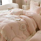 4Pcs Korean Princess Style Bedding Set Rose Flowers Embroidery French Lace Ruffles Milk Velvet Duvet Cover Bed Sheet Pillowcases