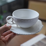 Ins Ceramic Handgrip Coffee Cup Exquisite Afternoon Tea Cup Dish 2Pcs Set French Style Household White Relief Drinkware
