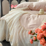 4Pcs Pink Chiffon Lace Princess Wedding Bedding Set Luxury 100% Cotton Duvet Cover Bed Sheet Or Quilted Bedspread Pillowcases