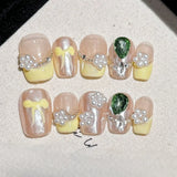 10Pcs Short Autumn Handmade Press on Nails French Cat Eye Pearl Rhinestone Shiny French Square False Nails Wearable Manicure Art