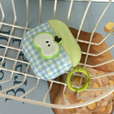 Cartoon Cute Green Apple DIY Grid Pattern Silicone Earphone Case For AirPods 1 2 3 4 Pro 2 Soft Protection Cover With Keychain