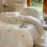 Three-dimensional Rose Lace Ruffles Princess Wedding Bedding Set Egyptian Cotton Duvet Cover Flat/Fitted Bed Sheet Pillowcases