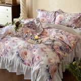 Flowers Printing Duvet Cover Sets Luxury 100% Cotton Princess Lace Bedding Set Fitted Bed Sheet Pillowcases Home Textile