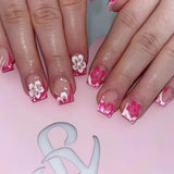 24Pcs Flower Fake Nails Pink French Tip Press on Nails Short Square Wearable False Nail for Women DIY Wearable Artificial Nails