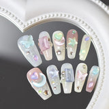 10pcs handmade dark sweet y2k fake nails with glue pink star press on nails long shiny hot girl designs false nails with tools