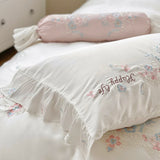 4Pcs Flowers Embroidery Lace Ruffles Bedding Set Lyocell Eucalyptus Fiber Silky Duvet Cover Bed Sheet Fitted Sheet Pillowcases
