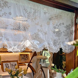 French White Romantic Butterfly Flower Lace Wavy Half Curtain with Beaded Ruffle Design Small Curtain for Kitchen Window, Study