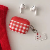 Korea Lovely Red Grid Pattern Soft Silicone Apple Earphone Case For AirPods 1 2 3 4 Pro 2 Cartoon Cute Dog Pendant New Year Case