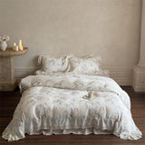 Vintage French Lace Flower Prints Bedding Set 100% Cotton Double Yarn Soft Duvet Cover Flat/Fitted Bed Sheet Pillowcases 4Pcs
