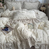 Korean Princess Style Floral Ruffles Bedding Set Washed Cotton Duvet Cover Bed Sheet Pillowcases Single Full Queen Size 3/4Pcs