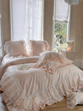 1200TC Egyptian Cotton Lace Ruffles Princess Wedding Style Pink Bedding Set Duvet Cover Flat/Fitted Bed Sheet Pillowcases 4Pcs