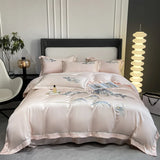 4Pcs New Chinese Style Landscape Embroidery Luxury Bedding Set Silky Duvet Cover Set Soft Quilt Cover Set Bed Sheet Pillowcases