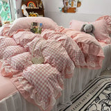 Ins Princess Bedding Set Latticed Simple Elegant Skirt Bed Sheet Set With 2 Pillowcases Queen Size For Women Teens Bedcloths