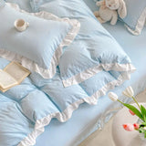 Korean Princess Style Duvet Cover Set No Filling Pink Blue Soft Washed Cotton Girls Favorite Ruffles Bed Linen Pillowcases