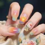 24pcs Short Square False Nails Art Cute Flower Design Blue Ballet Press on Nails Tips Shiny Powder Fake Nail Artifical Manicure