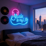 Music Is My Life Neon Sign, Blue & Pink LED Neon Light with Headphone & Note Design, USB Powered Wall Decor for Bar, Bedroom & Music Studio