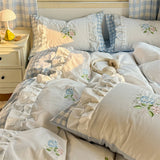 Korean Princess Style Double Layer Lace Flower Embroidery 100% Cotton Bedding Set Plaid Style Duvet Covers Bed Sheet Pillowcases