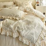 1000TC Egyptian Cotton Flowers Plant Leopard Embroidery Ruffles Bedding Set Duvet Cover Set Flat/Fitted Sheet Pillowcases 4Pcs