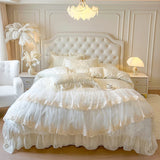4/6Pcs Pink Butterfly Jacquard Three-layer Lace Ruffles Princess Wedding Bedding Set Duvet Cover Bed Skirt Bedspread Pillowcases