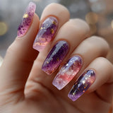 24pcs Colorful Smudge False Nails Art Simple Butterfly Sequin Design Short Ballet Press on Nails Tips Detachable Fake Nail Sets