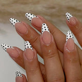 24pcs Simple French White Fake Nails Spicy Girl Polka Dot Design Long Almond False Nail Tips Wearable Head Round Press on Nails